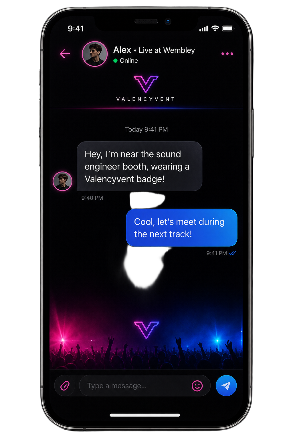 Valencyvent app chat screen with a message reading: Hey, I'm near the sound engineer booth, wearing a Valencyvent badge